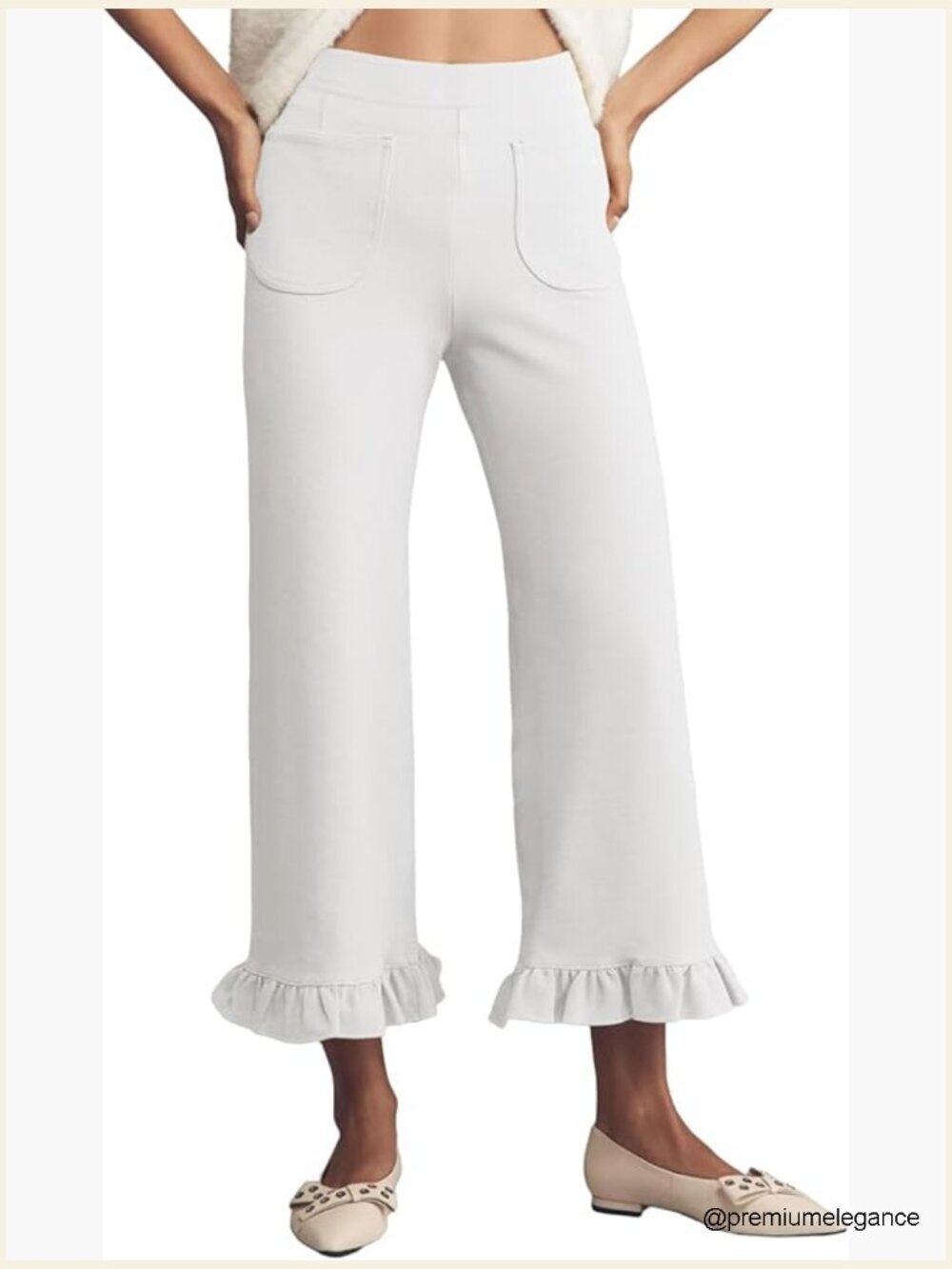 Gingham Pants - High Waist Ruffle Hem Straight Leg Cropped Trousers with Pockets